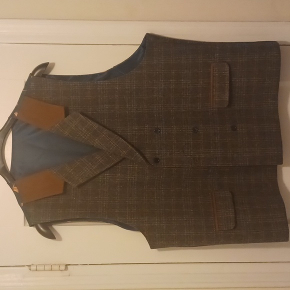 Other - Mens grey plaid double breasted vest with brown suede trim, SZ 50R